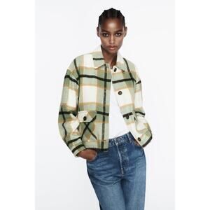 Women's ZARA Patch Pocket Plaid Overshirt (Ecru Green S)